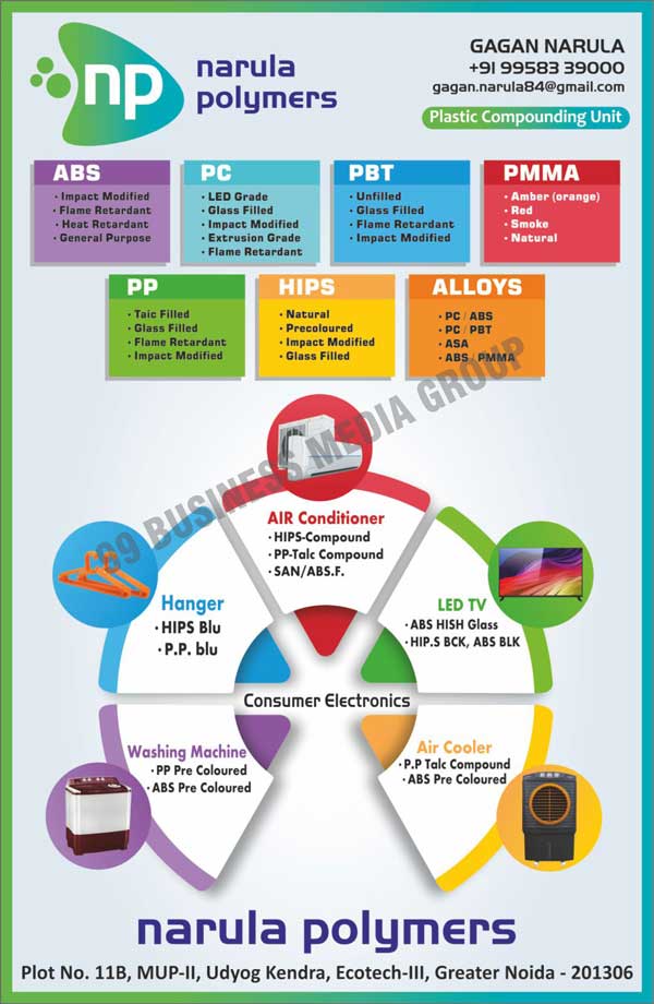 Plastic Compounding Units, ABS Plastic Compoundings, Pc Plastic Compoundings, PBT Compoundings, PMMA Coumpoundings, PP Compoundings, HIPS Compoundings, Alloys Compoundings, Air Conditioners, Led TV, Hangers, Washing Machines, Air Coolers