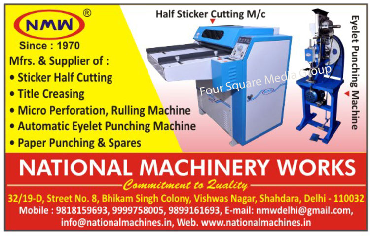 Paper Cuttings Machines, Die Punching Machines, Half Sticker Cutting Machines, Perforation Cum Creasing, Wireo Locking Machines, Tittle Creasing Machines, Paper Punching Machines, Allied Machines, Creasing Cum Perforation Machines, Paper Ruling Machines, Platan Punching Machines, Micro Perforation Machines, Half Sticker Cutting Machine, Speed Creaser, Paper Drill Machine, Single Head Eyelet Punching Machines, Double Head Eyelet Punching Machines