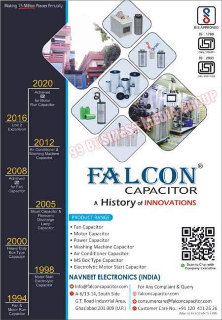 Capacitors, Fan Capacitors, Motor Capacitors, Power Capacitors, Washing Machine Capacitors, Air Conditioner Capacitors, MS Box Type Capacitors, Electrolytic Motor Start Capacitors