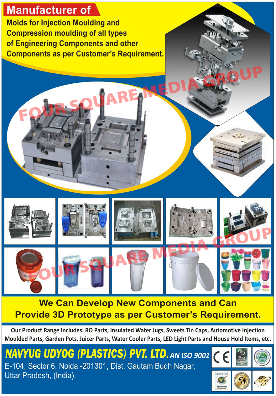 Injection Moulding Molds, Compression Mouldings, Engineering Components, Ro Parts, Insulated Water Jugs, Sweet Tin Caps, Automotive Injection Moulded Parts, Garden Pots, Juicer Parts, Water Cooler Parts, Led Light Parts, Household Items