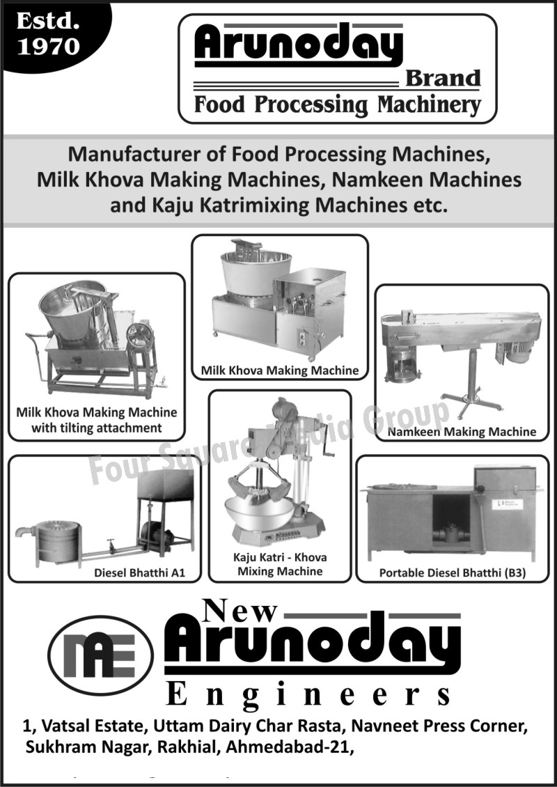 Food Processing Machines, Milk Khova Making Machines, Milk Khoya Making Machines, Namkeen Making Machines, Kaju Katri Mixing Machines, Diesel Bhatti, Kaju Katri Khova Mixing Machines, Kaju Katri Khoya Mixing Machines, Portable Diesel Bhatti