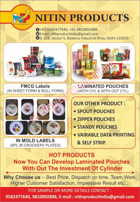 FMCG Labels, Sheet Form FMCG Labels, Roll Form FMCG Labels, Laminated Pouches, CYL Laminated Pouches, Out CYL Laminated Pouches, Mould Labels, Crockery Plate Mould Labels, Spout Pouches, Zipper Pouches, Standy Pouches, Vairable Data Printing Strips, Vairable Self Strips