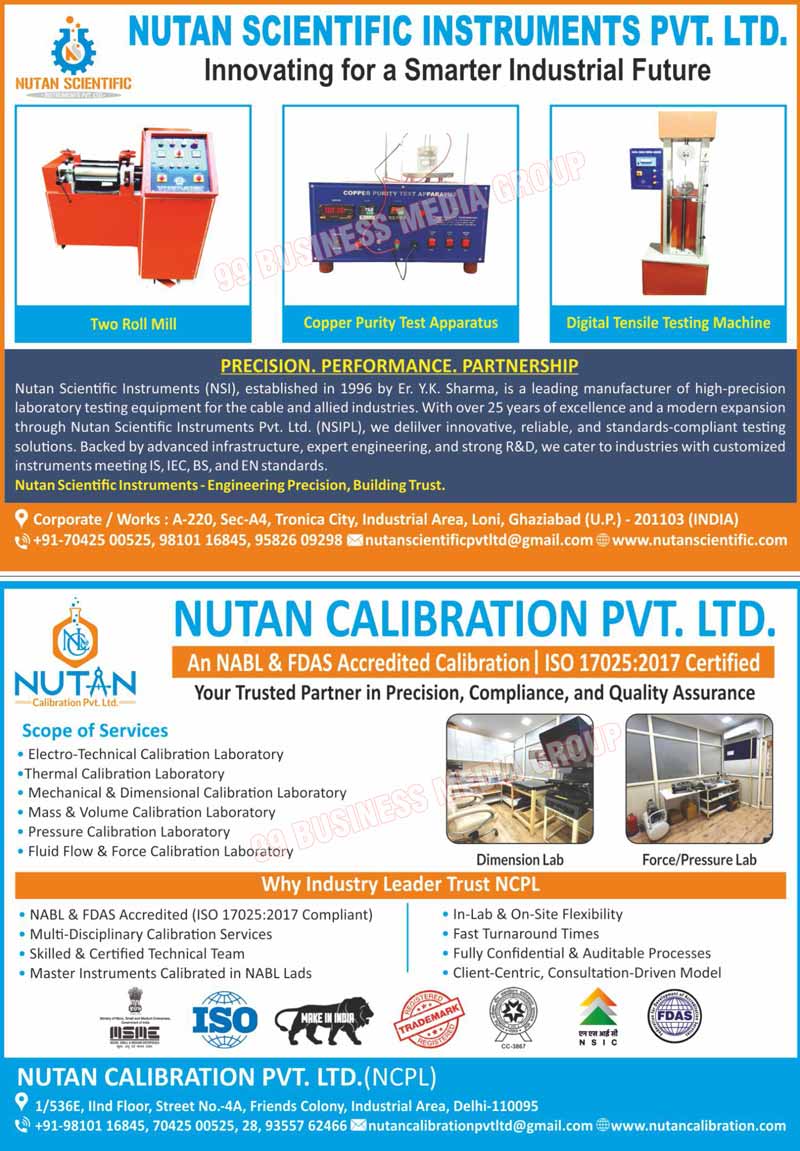 Laboratory Testing Equipments, Cable Laboratory Testing Equipments, Allied Laboratory Testing Equipments, Two Roll Mill Testing Machines, Copper Purity Test Apparatus, Digital Tensile Testing Machines, Electro Technical Calibration Laboratory Services, Thermal Calibration Laboratory Services, Mechanical Calibration Laboratory Services, Dimensional Calibration Laboratory Services, Mass Calibration Laboratory Services, Volume Calibration Laboratory Services, Pressure Calibration Laboratory Services, Fluid Flow Calibration Laboratory Services, Fluid Force Calibration Laboratory Services, Dimension Lab Services, Force Lab Services, Pressure Lab Services