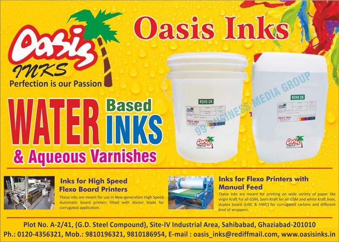 Water Based Inks, Aqueous Varnishes, Flexo Printer Inks, Flexo Board Printer Inks