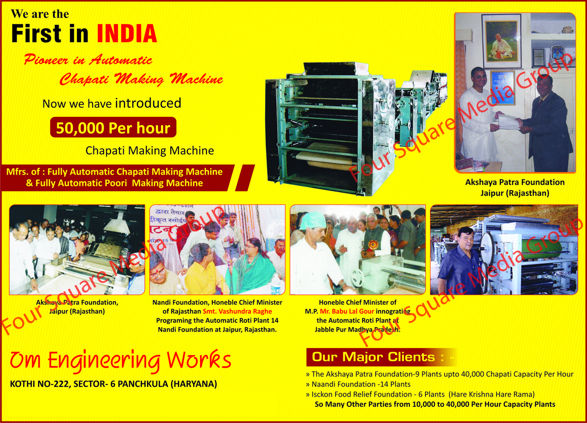 Automatic Chapati Making Machines, Poori Making Machines, Automatic Roti Making Machines, Puri Making Machines,Chapati Making Machines, Fully Auto Making Machines