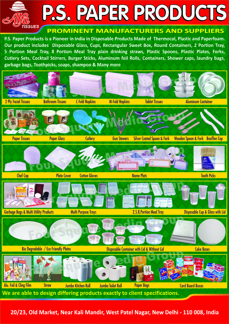 Ply Facial Tissues, Bathroom Tissues, C Fold Napkins, M Fold Napkins, Tablet Tissues, Tissues, Alminum Container, Paper Tissues, Paper Glass, Cutlery, Gun Stewers, Silver Coated Spoon, Wooden Spoon, Bouffen Cap, Trays, Jumbo Kitchen Roll, Straw, Ching Film, Paper Bags, Chef Caps, Plate Covers, Cotton Gloves, Name Plats, Tooth Picks, garbage Bags, Utility products, Meal Trays, Disposable Cup, Disosable Lid Glass, Disposable Plates, Disposable Container, Cake Bases, Jumbo Toilet roll, card Board Boxes, Disposable Products, Cutlery Sets, Cocktail Stirrers, Burger Sticks, Foil Rolls, Shower Caps, Laundry Bags, Soaps, Shampoo,Tissues, Cutlery, Silver Coated Spoon, Trays