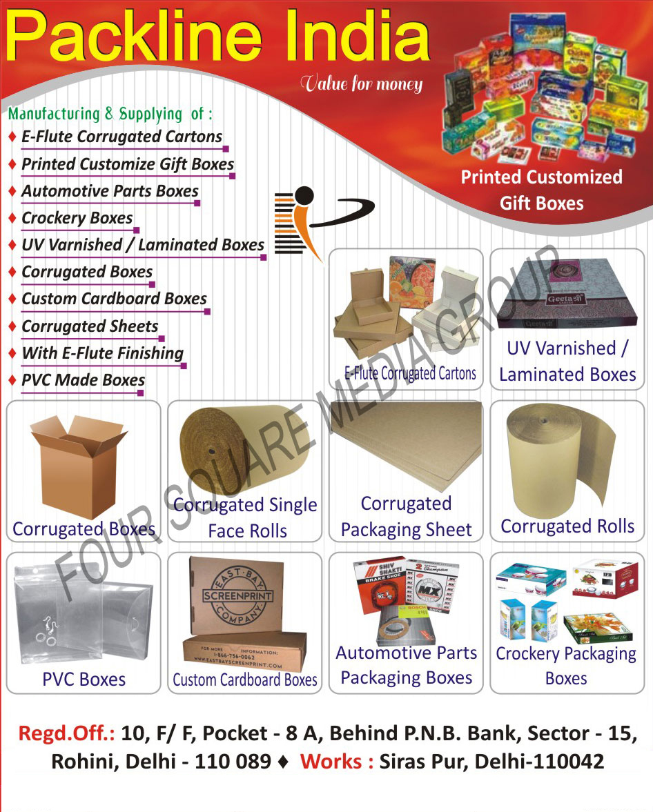 Corrugated Boxes, Corrugated Single Face Rolls, Corrugated Packaging Sheet, Corrugated Rolls, Crockery Packaging Boxes, Automotive Parts Packaging Boxes, Pvc Boxes, E Flute Corrugated Cartons, Laminated Boxes, Cardboard Boxes, Automotive Spare Part Packaging Boxes