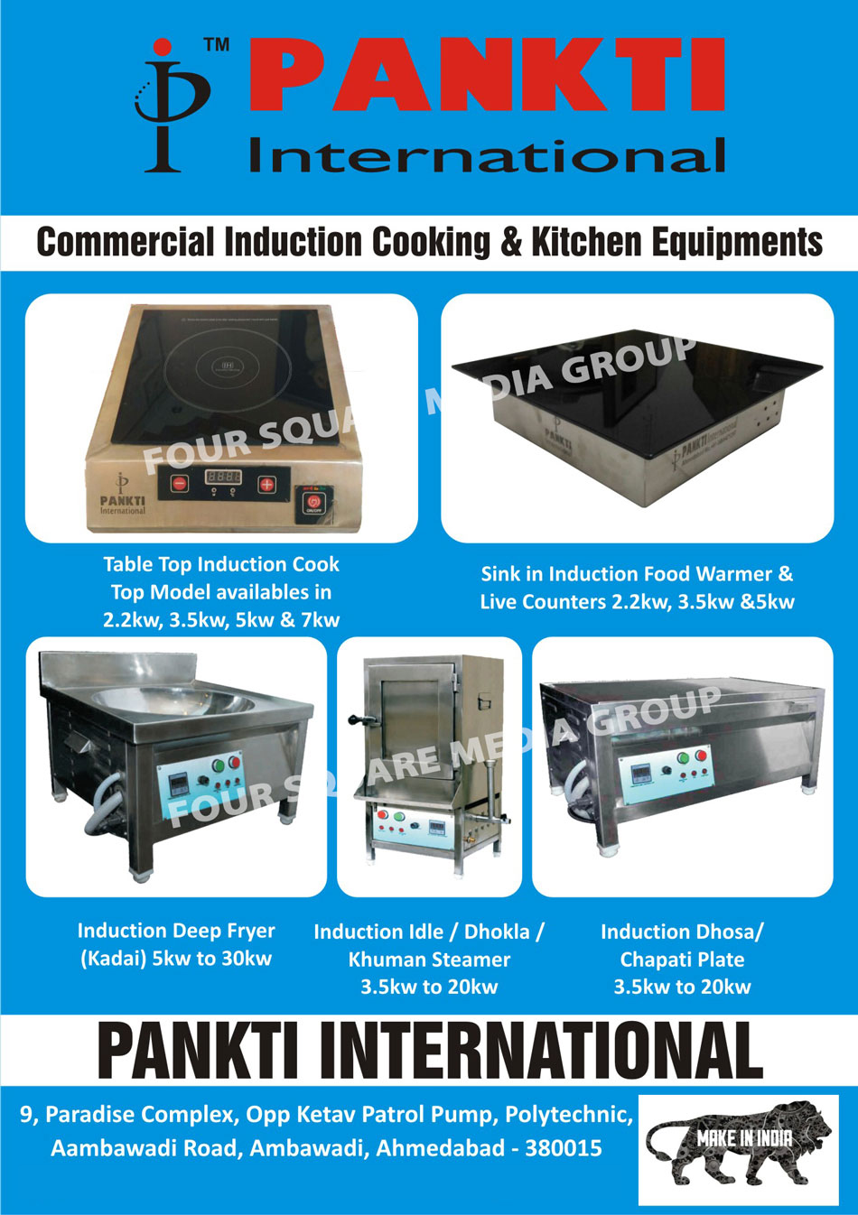 Commercial Induction Cooking Equipments, Commercial Kitchen Equipments, Table Top Induction Cook, Induction Food Warmer, Live Counters, Induction Deep Fryer, Induction Kadai, Induction Idly Steamers, Induction Dhokla Steamer, Induction Khuman Steamer, Induction Dosa Plate, Induction Chapati Plates