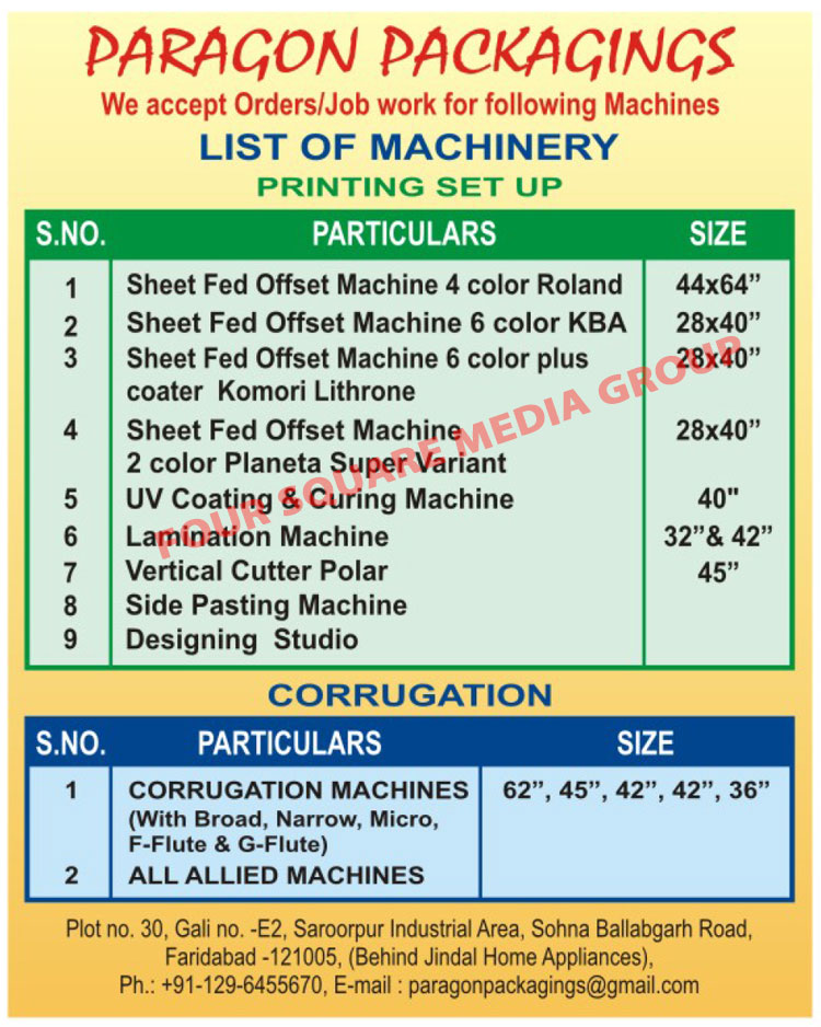 Corrugation Machines, Corrugation Packaging Machine, Allied Machines, Sheet Fed Offset Printing Machines, UV Coating Machines, UV Curing Machines, Lamination Machines, Side Pasting Machines, Polar Vertical Cutter