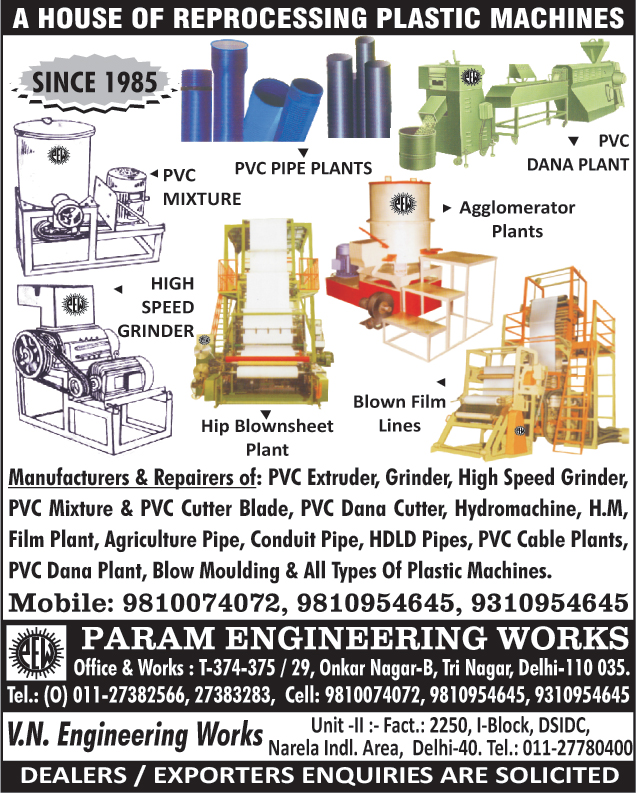 Reprocessing Plastic Machines, PVC Mixtures, PVC Pipe Plants, PVC Granule Plants, Agglomerator Plants, Grinders, Blown Film Lines, HIP Blownsheet Plants, PVC Extruder, High Speed Grinders, PVC Mixture Blades, PVC Cutter Blades, PVC Granule Cutters, Hydro machine, Hydro machine Film Plants, Agriculture Pipes, HDLD Pipes, PVC Cable Plants, Blow Moulding Machines, Plastic Machines