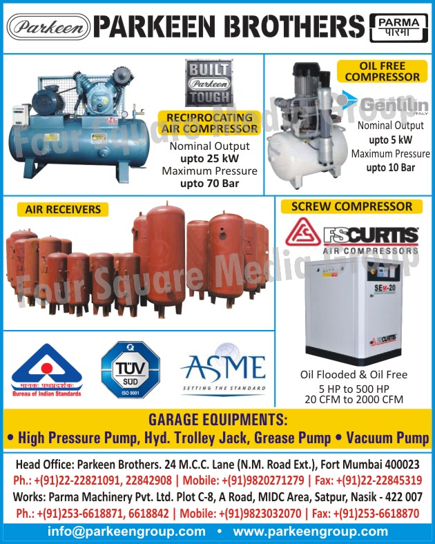 Air Receivers, Oil Free Compressors, Reciprocating Air Compressors, Screw Compressors, Oil Flooded Compressors, Garage Equipments, Service Station Equipments, High Pressure Pumps, Hydraulic Trolley Jacks, Grease Pumps, Vacuum Pumps