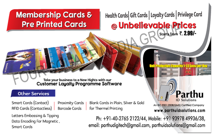 Membership Cards, Pre Printed Cards, Health Cards, Gift Cards, Loyalty Cards, Privilege Cards, Contact Smart Cards, Contactless RFID Cards, Proximity Cards, Barcode Cards, Plain Blank Cards For Thermal Printings, Silver Blank Cards For Thermal Printings, Gold Blank Cards For Thermal Printings, Letters Embossing For Magnetic Smart Cards, Tipping Data Encoding For Magnetic Smart Cards