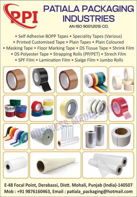 Packaging Tapes, Packaging Films, Packaging Rolls, Self Adhesive Bopp Tapes, Various Speciality Tapes, Printed Customised Tapes, Plain Tapes, Plain Coloured Tapes, Masking Tapes, Floor Marking Tapes, DS Tissue Tapes, Shrink Films, DS Polyester Tapes, Strapping Rolls, PP Strapping Rolls, PET Strapping Rolls, Strech Films, SPF Films, Lamination Films, Sialge Films, Jumbo Rolls
