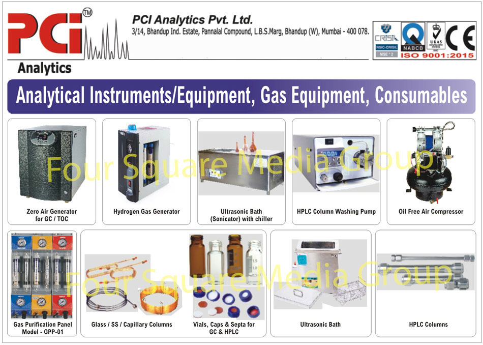 Analytical Instruments, Analytical Equipments, Gas Equipments, GC Zero Air Generators, TOC Zero Air Generators, Hydrogen Gas Generators, Ultrasonic Baths, HPLC Column Washing Pumps, Oil Free Air Compressors, Gas Purification Panels, Glass Columns, SS Columns, Capillary Columns, GC Vials, HPLC Vials, GC Caps, HPLC Caps, GC Septa, HPLC Septa, HPLC Columns