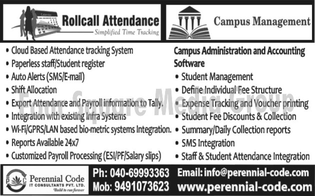 ROLL CALL ATTENDANCE, Cloud Based Attendance Tracking Systems, Paperless Staff Registers, Paperless Student Register, Shift Allocations, Export Attendance to Tally, Payroll Information To Tally, Integration With Existing Infra Systems, GPRS Based Biometric Systems, Lan Based Biometric Systems, Wifi Based Biometric Systems, Customized Payroll Processing, Administration Software, Accounting Software, Student Management, Define Individual Fee Structure, Expense Tracking, Voucher Printing, Student Fee Discount, Student Fee Collections, Summary Reports, Daily Collection Reports, SMS Integration, Staff Attendance Integration, Student Attendance Integration, Auto Alerts, SMS Alerts, Email Alerts