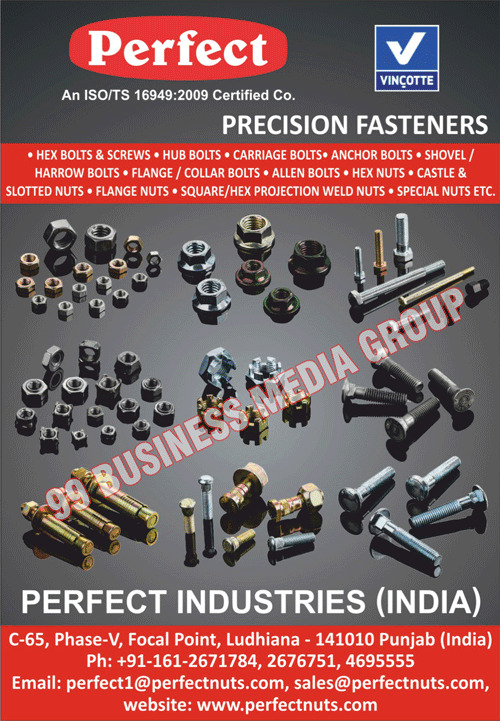 Precision Fasteners, Hex Bolts, Hex screws, Hub Bolts, Flange Bolts, Collar Bolts, Allen Bolts, Hex Nuts, Castle Nuts, Slotted Nuts, Flange Nuts, Square Projection Weld Nuts, Hex Projection Weld Nuts, Special Nuts, Carriage Bolts, Anchor Bolts, Shovel Bolt, Harrow Bolts