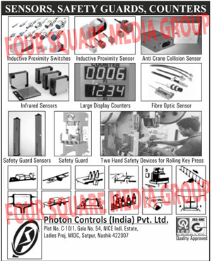 Safety Guards, Inductive Proximity Switches, Inductive Proximity Sensors, Anti Crane Collision Sensors, Infrared Sensors, Large Display Counters, Fibre Optic Sensors, Safety Guard Sensors, Two Hand Safety Devices, Fiber Optic Sensors, Rolling Key Press Safety Device