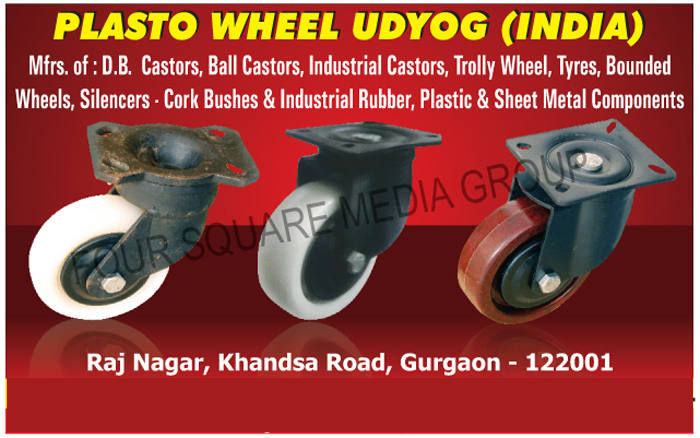 Caster Wheels, DB Castor Wheels, Ball Castor Wheels, Industrial Castor Wheels, Trolley Wheels, Rubber Bounded Wheels, Invalid Chair Tyres with Hubs, Door Silencers, Cork Bushes, Customized Industrial Rubber Products, Customised Industrial Rubber Products, Customized Plastic Components, Customised Plastic Components, Customized Sheet Metal Components, Customised Sheet Metal Components