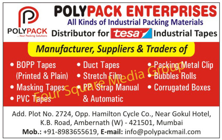 BOPP Tapes, Printed BOPP Tapes, Plain BOPP Tapes, Masking Tape, PVC Tapes, Duct Tapes, Stretch Film, Manual PP Strap, Automatic PP Strap, Packing Metal Clip, Corrugated Boxes, Bubble Rolls