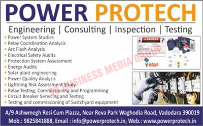 Engineering Services, Consulting Services, Inspection Services, Testing Services, Power System Studies, Relay Coordination Analysis, ARC Flash Analysis, Electrical Safety Audits, Protection System Assessments, Energy Audits, Solar Plant Engineering, Power Quality Analysis, Lighting Risk Assesment Studies, Relay Testings, Relay Commissionings, Relay Programmings, Circuit Breaker Services, Circuit Breaker Testings, Electrical Services