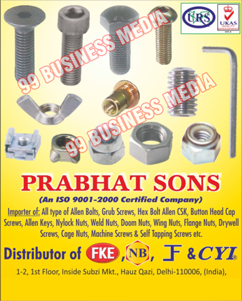 Allen Bolts, Grub Screws, Hex Bolt Allen, Cap Screws, Allen Keys, Nylock Nuts, Weld Nuts, Doom Nuts, Wing Nuts, Flange Nuts, Drywell Screws, Cage Nuts, Machine Screws, Self Tapping Screw, Button Head Cap Screws