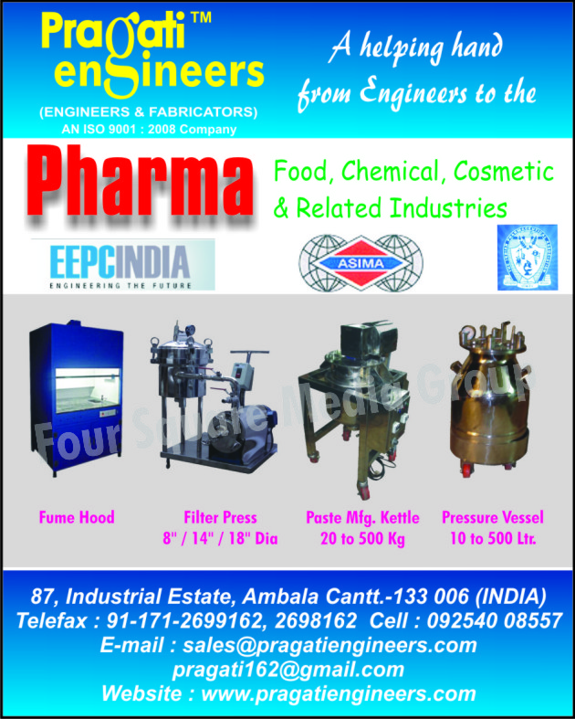 Filter Press, Paste Manufacturing Kettle, Pressure Vessel,Clean Room Equipment, Clean Room Furniture, Fume Hood, Lab Furniture, Kitchen Equipments, Pharma Equipment, Pharma Packing Conveyor, Pharma Spares, Pharmaceutical Machines, Pharmaceutical Trolleys