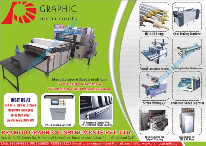 Graphic Instruments UV Coating Machines, Offset Plate Making Equipments, UV Lamp, IR Lamp, UV Curing Machines, Baking Ovens, Baking Ovens, Plate Punch, Thermal Lamination machines, Screen Exposer, Plate Exposer, Screen Printing Machines, Hybrid UV Attachment, UV Intradeck Systems, Led Intradeck Systems, UV Led Curing Systems, Anilox Coaters, Case Making Machines, UV Led Heads