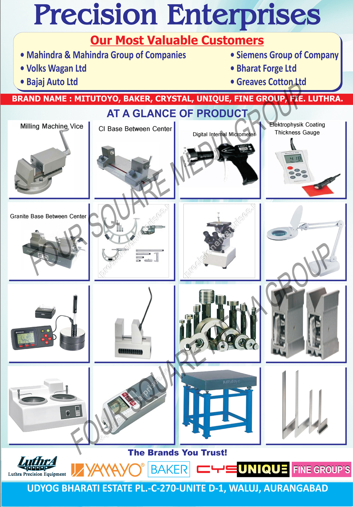 Milling Machine Vice, CI Base Between Center, Digital Internal Micrometers, Elektrophysik Coating Thickness Gauges, Granite Base Between Center