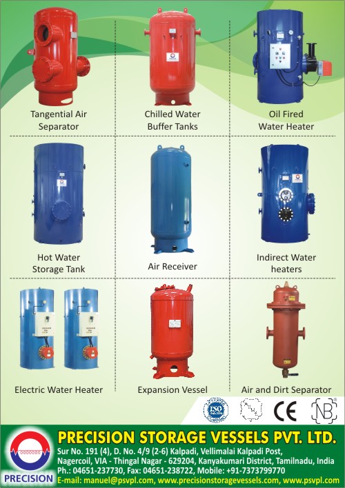 Tangential Air Separators, Chilled Water Buffer Tanks, Oil Fired Water Heaters, Hot Water Storage Tanks, Air Receivers, Indirect Water Heaters, Electric Water Heaters, Electric Calorifiers, Expansion Vessels, Air Separators, Dirt Separators