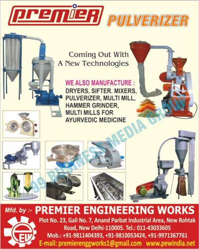 Pulverizers, Food Pulverizers, Plastic Pipes Pulverizers, PP Products Pulverizers, Ayurvedic Herbs Pulverizers, Mineral Pulverizers, Ore Pulverizers, Animal Pulverizers, Plastic Pulverizers, Gelatin Pulverizers, Dehydrated Fruits Pulverizers, Chemical Pulverizers, Pharmaceutical Pulverizers, Coffee Seeds Pulverizers, Besan Pulverizers, Confectionery Pulverizers, Charcoal Pulverizers, Tobacco Pulverizers, Wood Shavings Pulverizers, Whole Wheat Flour Pulverizers, Dye Stuff Pulverizers, Bakelite Pulverizers, Soyabean Pulverizers, Rice Chilka Pulverizers, Spice Pulverizers, Masala Pulverizers, Ayurvedic Medicine Dryers, Ayurvedic Medicine Sifters, Ayurvedic Medicine Mixers, Ayurvedic Medicine Multi Mills, Ayurvedic Medicine Hammer Grinders, Ayurvedic Medicine Multi Mills