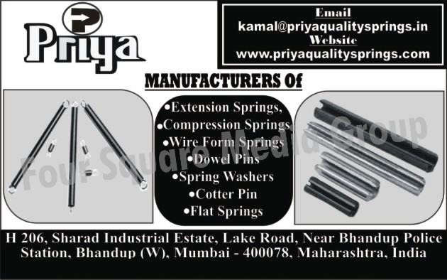 Extension Springs, Compression Springs, Wire Form Springs, Dowel Pins, Spring Washers, Cotter Pins, Flat Springs