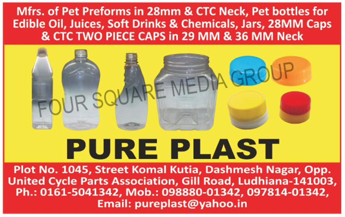 Pet Preforms, Pet Bottles, Pet Jars, 28mm Caps, CTC Two Piece Caps