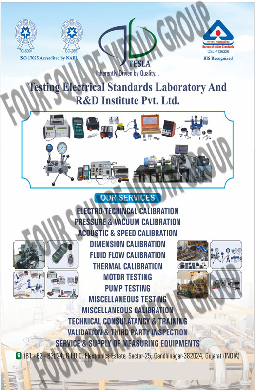 Electro Technical Calibrations, Pressure Calibrations, Vacuum Calibrations, Acoustic Calibrations, Speed Calibrations, Dimension Calibrations, Fluid Flow Calibrations, Thermal Calibrations, Motor Testings, Pump Testings, Miscellaneous Calibrations, Technical Consultancy, Technical Training, Validation Inspections, Third Party Inspections, Measuring Equipments