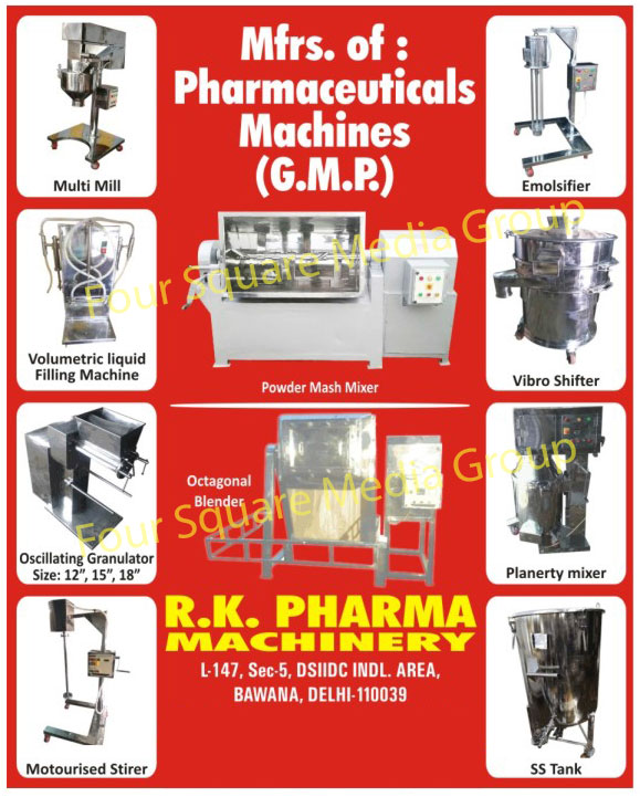 Pharmaceutical Machines, Colloidal Mill Machines, Conveyor Belt Machines, Double Cone Blender Machines, Emulsifier Machines, Filter Presses, Granulators, Hot Air Dryers, Multi Mill Machines, Octagonal Blenders, Paste Kettles, Planetary Mixers, Powder Mass Mixers, Stainless Steel Buckets, Stainless Steel Scoops, Heated Stainless Steel Tanks, Stirrers, Tube Filling Machines, Turn Tables, Vibro Sifters, Volumetric Filling Machines, Volumetric Liquid Filling Machines, Oscillating Granulators, Motourised Stirers, Powder Mash Mixers, Vibro Shifters, SS Tanks, Stainless Steel Tanks