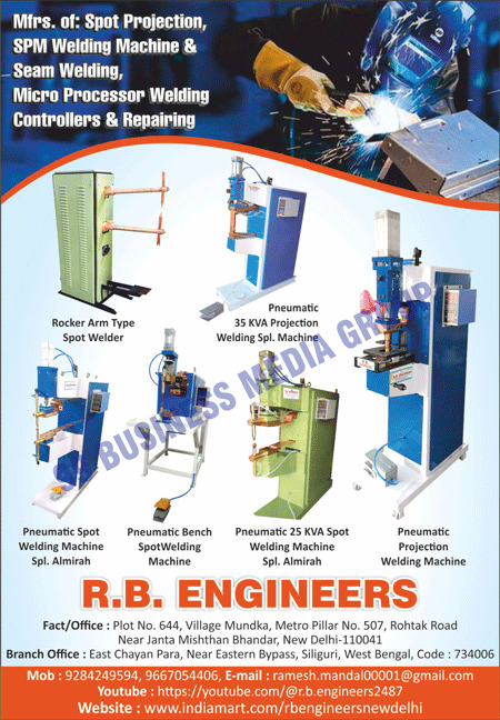 Spot Projection Machines, SPM Welding Machines, Seam Welding Machines, Micro Processor Welding Controllers, Micro Processor Welding Repairings, Rocker Arm Type Spot Welders, Pneumatic Spot Welding Machines, Pneumatic Bench Spot Welding Machines, Pneumatic Projection Welding Machines, Extension Board Welding Machines