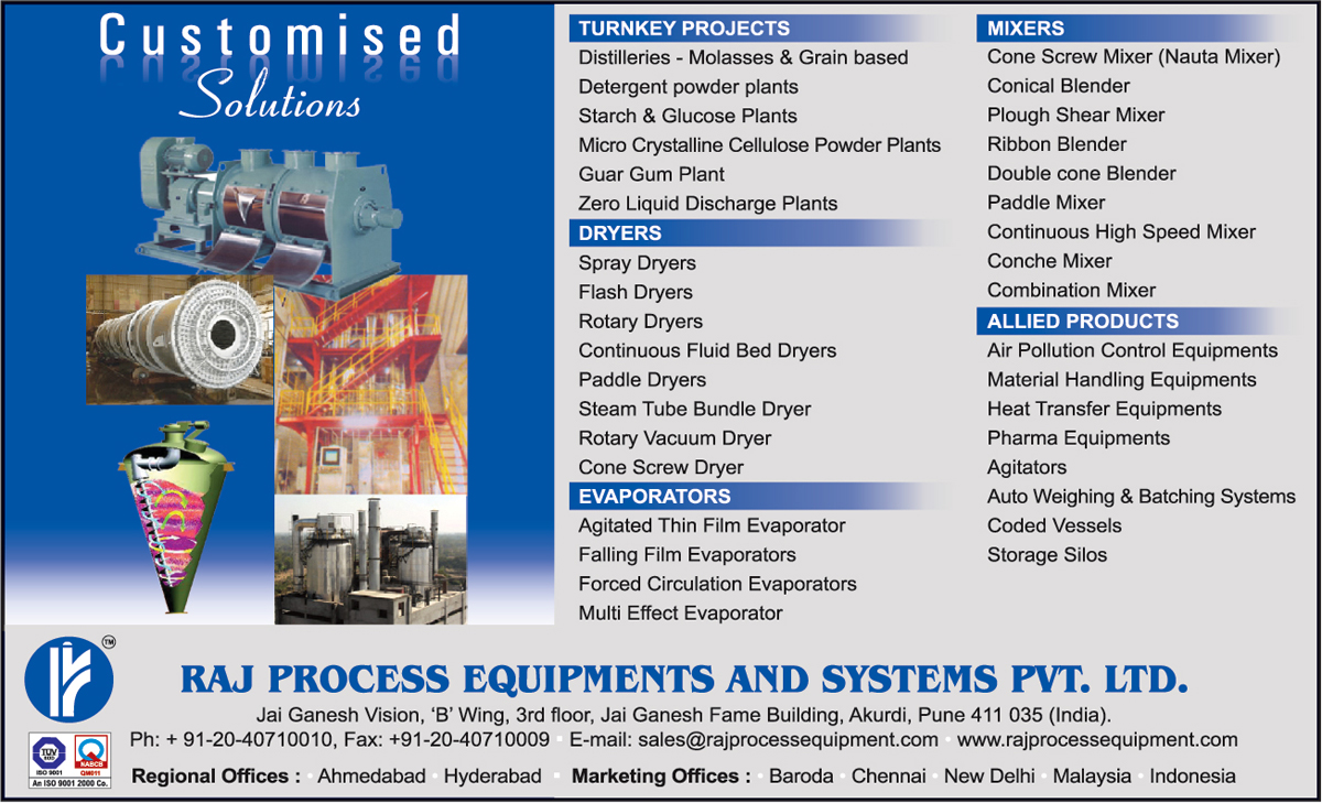 Detergent Powder Plants, Starch Plants, Glucose Plants, Micro Crystalline Cellulose Powder Plants, Guar Gum Plants, Zero Liquid Discharge Plants, Spray Dryers, Flash Dryers, Rotary Dryers, Continuous Fluid Bed Dryers, Paddle Dryers, Steam Tube Bundle Dryers, Rotary Vacuum Dryers, Cone Screw Dryers, Agitated Thin Film Evaporators, Falling Film Evaporators, Forced Circulation Evaporators, Multi Effect Evaporators, Cone Screw Mixers, Nauta Mixers, Conical Blenders, Plough Shear Mixers, Ribbon Blenders, Double Cone Blenders, Paddle Mixers, Continuous High Speed Mixers, Conche Mixers, Combination Mixers, Air Pollution control Equipments, Material Handling Equipments, Heat Transfer Equipments, Pharma Equipments, Agitators, Auto Weighing Systems, Batching Systems, Coded Vessels, Storage Silos 