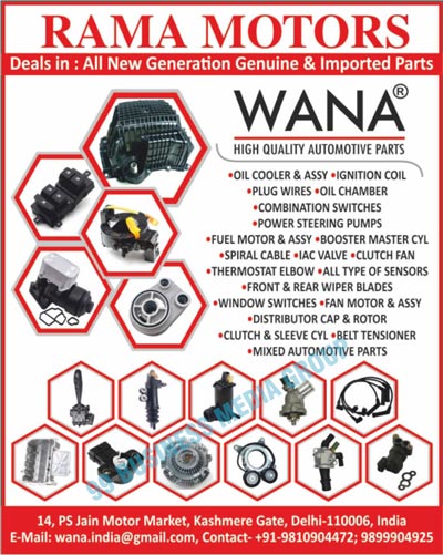 Automotive Parts, Oil Coolers, Cooler Assemblies, Ignition Coils, Plug Wires, Oil Chambers, Combination Switches, Power Steering Pumps, Fuel Motors, Motor Assemblies, Booster Master Cylinders, Spiral Cables, IAC Valves, Clutch Fans, Thermostat Elbows, Sensors, Front Wiper Blades, Rear Wiper Blades, Window Switches, Fan Motors, Distributor Caps, Rotors, Clutch Cylinders, Sleeve Cylinders, Belt Tensioners, Mixed Automotive Parts, Imported Parts