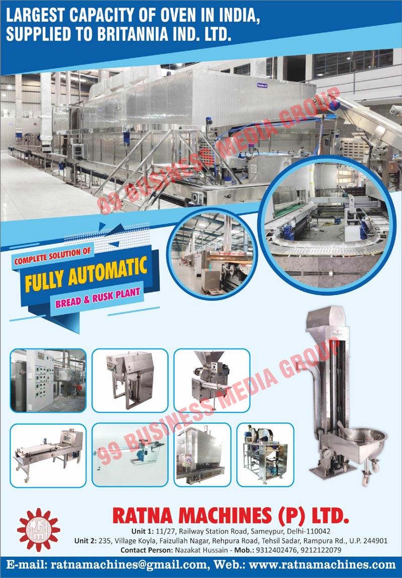 Fully Automatic Bakery Plants, Food Processing Machinery Plants, Swing Tray Ovens, Curing Ovens, Continuous Ovens, Flour Sifters, High Speed Mixers, Dividers, Moulders, Mould Chain Conveyors, Tray Type Final Proofers, Depanners, Cooling Tunnels, High Speed Slicers, Bakery Plant Repairing Services, Bowl Hoist, Tunnel Ovens, Dough Dividers, Bread Moulders, Bread Depanners, Bread Making Plants, Tray Type Bread Cooling Tunnels, Bread Making Ovens, Fully Automatic Bread Plants, Fully Automatic Rusk Plants