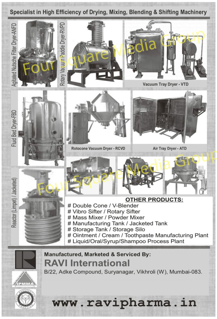 Vacuum Tray Dryer, Rotary Vacuum Dryer, Air Tray Dryer, Limpet Reactor, Jacketed Reactor, Fluid Bed Dryer, Agitated Nutsche Filter Dryer, ANFD, FBD, Rotary Vacuum Paddle Dryer, RVPD, Double Cone Blender, V Blender, Vibro Sifter, Rotary Sifter, Mass Mixer, Powder Mixer, Manufacturing Tank, Jacketed Tank, Storage Tank, Storage Silo, Ointment Cream Manufacturing Plant, Cream manufacturing Plant, Toothpaste Manufacturing Plant, Liquid Process Plant, Oral Process Plant, Syrup Process Plant, Shampoo Process Plant, Dring Machines, Mixing Machines, Blending Machines, Shifting Machines, Rotocone Vacuum Dryers