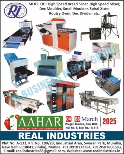 High Speed Bread Slicers, High Speed Mixers, Dec Moulders, Small Moulders, Spiral Mixers, Routry Ovens, Dec Dividers, Bakery Mixers, Bread Slicers, Dough Moulders, Bread Slicing Blade Frames, Rotary Ovens, Sandwiching Machines, Rusk Packing Machines, Flour Sifter Machines, Rusk Panning Machines, Cookies Depositors, Dough Dividers