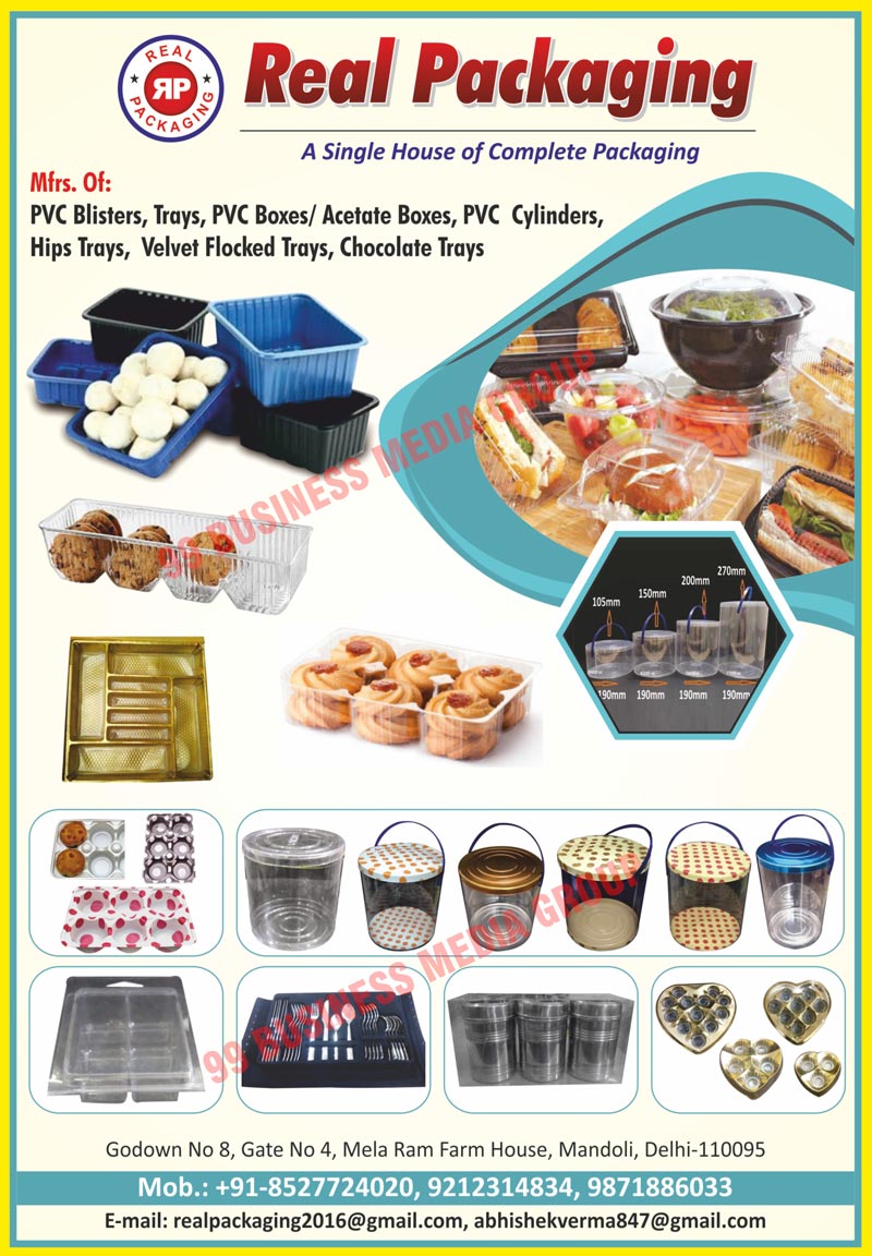 PVC Blisters, Trays, PVC Boxes, Acetate Boxes, PVC Cylinders, Hips Trays, Velvet Flocked Trays, Chocolate Trays, PP Containers, Mobile Blisters, PP Trays