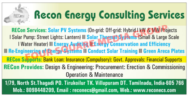 Solar PV System Consultancy Services, Solar Thermal System Consultancy Services, Energy Auditing Consultancy Services, Energy Conservation And Efficiency Consultancy Services, Re Engineering of Energy System Consultancy Services, Conduct Solar Training Consultancy Services, Green Areca Plates Consultancy Services, Bank Loan Services, Designing Services, Engineering Services, Procurement Services, Erection Services, Commissioning Services, Operation Services, Maintenance Services