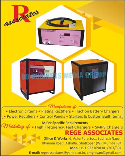 Traction Battery Chargers, Electronic Items, Plating Rectifiers, Power Rectifiers, Control Panels, Starters, SMPS Chargers