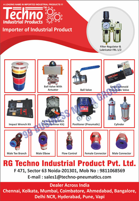 Filters Regulators, Lubricator Filters, Ball Valve With Actuators, Ball Valves, Single Solenoid Pneumatic Valves, Impact Wrench Kits, Twin Hammer Kits Air Impact Wrenches, Pneumatics Positioners, Cylinders, Male Tee Branches, Male Elbows, Flow Controls, Female Connectors, Male Connectors