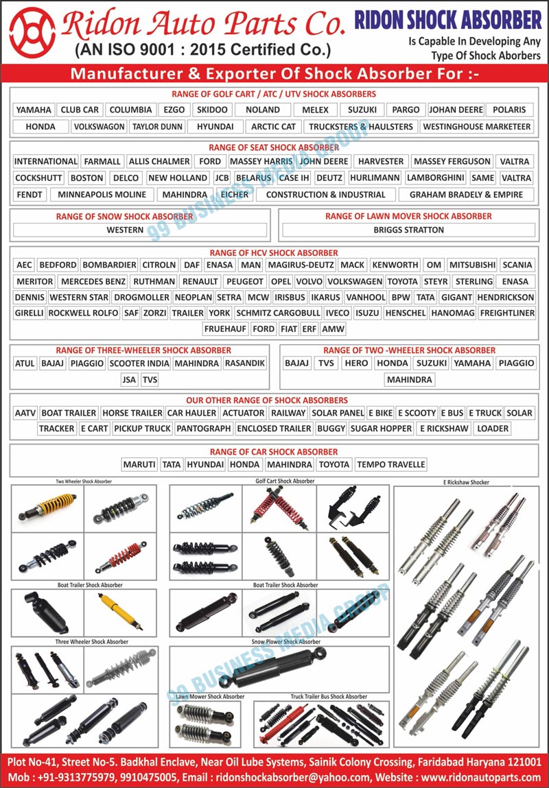 Automotive Shock Absorbers, Gas Springs, Air Bellows, Tractor Seats, Cabin Bellows, Truck Bellows, Trailer Bellows, Two Wheeler Shock Absorbers, Three Wheeler Shock Absorbers, Electric Bike Shock Absorbers, Electric Rickshaw Shock Absorbers, Piaggio Shock Absorbers, Bajaj Shock Absorbers, Mahindra Shock Absorbers, Scooters India Shock Absorbers, Kal Shock Absorbers, Rasandik Shock Absorbers, JSA Shock Absorbers, TVS King Shock Absorbers, Atul Shock Absorbers, Golf Shock Absorbers, E Buggy Shock Absorbers, Club Car Shock Absorbers, EZGO Shock Absorbers, Yamaha Cart Shock Absorbers, Harley Davidsons Shock Absorbers, Boat Trailer Shock Absorbers, Car Hauler Shock Absorbers, Horse Trailer Shock Absorbers, Enclosed Trailer Shock Absorbers, JCB Seat Shock Absorbers, Massey Harris Shock Absorbers, Allis Chalmer Shock Absorbers, John Deere Shock Absorbers, Oliver Shock Absorbers, International Farmall Shock Absorbers, Oliver Shock Absorbers, Boston Shock Absorbers, Delco Shock Absorbers, Cockshutt Shock Absorbers, Ford Shock Absorbers, German Bradly Shock Absorbers, Case Shock Absorbers, Solar Panel Shock Absorbers, Truck Shock Absorbers, Trailer Shock Absorbers, Bus Shock Absorbers, Mercedes Benz Shock Absorbers, Railway Shock Absorbers, Armored Vehicle Shock Absorbers, Volvo Shock Absorbers, Scania Shock Absorbers, Nissan Shock Absorbers, Iveco Shock Absorbers, Man Shock Absorbers, DAF Shock Absorbers, Isuzu Shock Absorbers, Renault Shock Absorbers, Tata Shock Absorbers, Hendrickson Shock Absorbers, BPW Shock Absorbers, Snow Plower Shock Absorbers, Lawn Mover Shock Absorbers, LML Vespa Shock Absorbers, Piaggio Vespa Shock Absorbers, Truck Trailer Bus Shock Absorbers, Evehicle Shock Absorbers, E Rickshaw Shock Absorbers, E Bike Shock Absorbers, E Auto Shock Absorbers, E Scooty Shock Absorbers, E Cart Shock Absorbers, E Bus Shock Absorbers, E Truck Shock Absorbers, E Travelers Shock Absorbers, E Side Car Shock Absorbers, E Car Shock Absorbers, E ATV Shock Absorbers, E UTV Shock Absorbers, ATC Shock Absorbers, Golf Cart Shock Absorbers, Seat Shock Absorbers, Snow Shock Absorbers, HCV Shock Absorbers