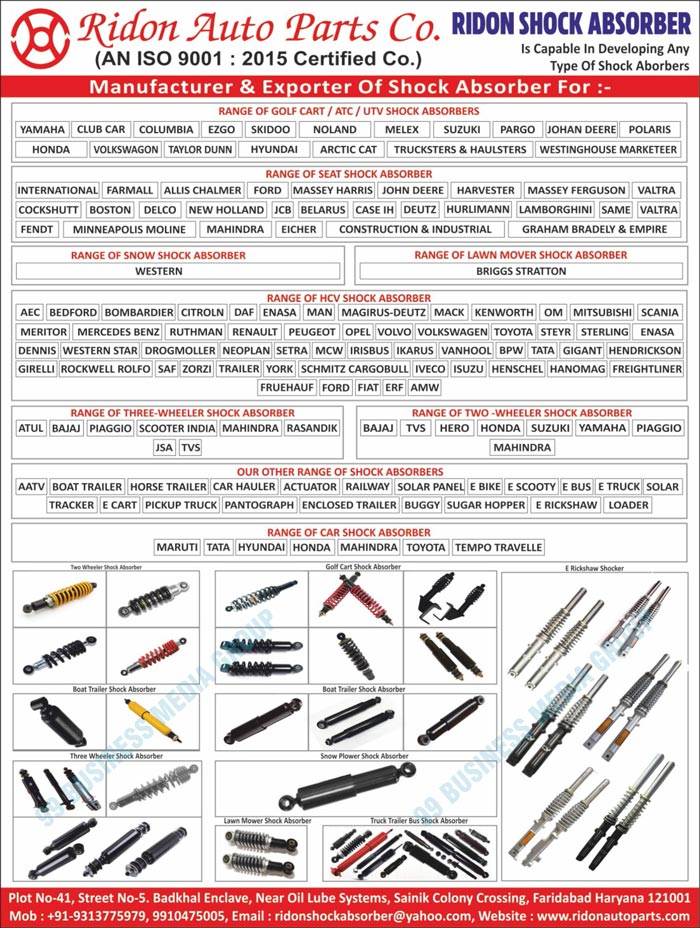 Automotive Shock Absorbers, Golf Cart Shock Absorbers, ATC Shock Absorbers, UTV Shock Absorbers, Seat Shock Absorbers, Snow Shock Absorbers, Lawn Mover Shock Absorbers, HCV Shock Absorbers, Three Wheeler Shock Absorbers, Two Wheeler Shock Absorbers, Car Shock Absorbers, E Rickshaw Shock Absorbers, Boat Trailer Shock Absorbers, Snow Plower Shock Absorbers, Truck Trailer Bus Shock Absorbers, AATV Shock Absorbers, Horse Trailer Shock Absorbers, Car Hauler Shock Absorbers, Actuator Shock Absorbers, Railway Shock Absorbers, Solar Panel Shock Absorbers, E Bike Shock Absorbers, E Scooty Shock Absorbers, E Bus Shock Absorbers, E Truck Shock Absorbers, Solar Shock Absorbers, Tracker Shock Absorbers, E Cart Shock Absorbers, Pickup Truck Shock Absorbers, Pantograph Shock Absorbers, Enclosed Trailer Shock Absorbers, Buggy Shock Absorbers, Sugar Hopper Shock Absorbers, Loader Shock Absorbers