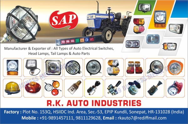 Auto Electrical Switches, Head Lamps, Tail Lamps, Auto Parts