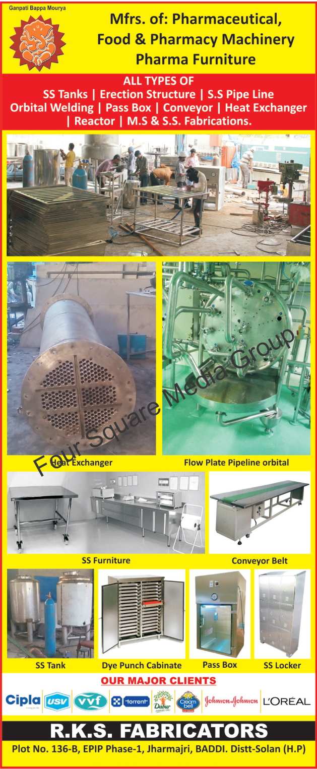 Pharmaceutical Machines, Food Machinery, Pharmacy Machinery, Pharma Furniture, Stainless Steel Tanks, Erection Structures, SS tanks, Stainless Steel Pipe Lines, SS Pipe Lines, Orbital Welding, Pass Boxes, Heat Exchangers, Reactors, MS Fabricators, Stainless Steel Fabricators, SS Fabricators, Conveyor Belts, Stainless Steel Locker, SS Lockers, Dye Punch Cabinets, Stainless Steel Furnitures, SS Furnitures, Flow Plate Pipeline Orbital