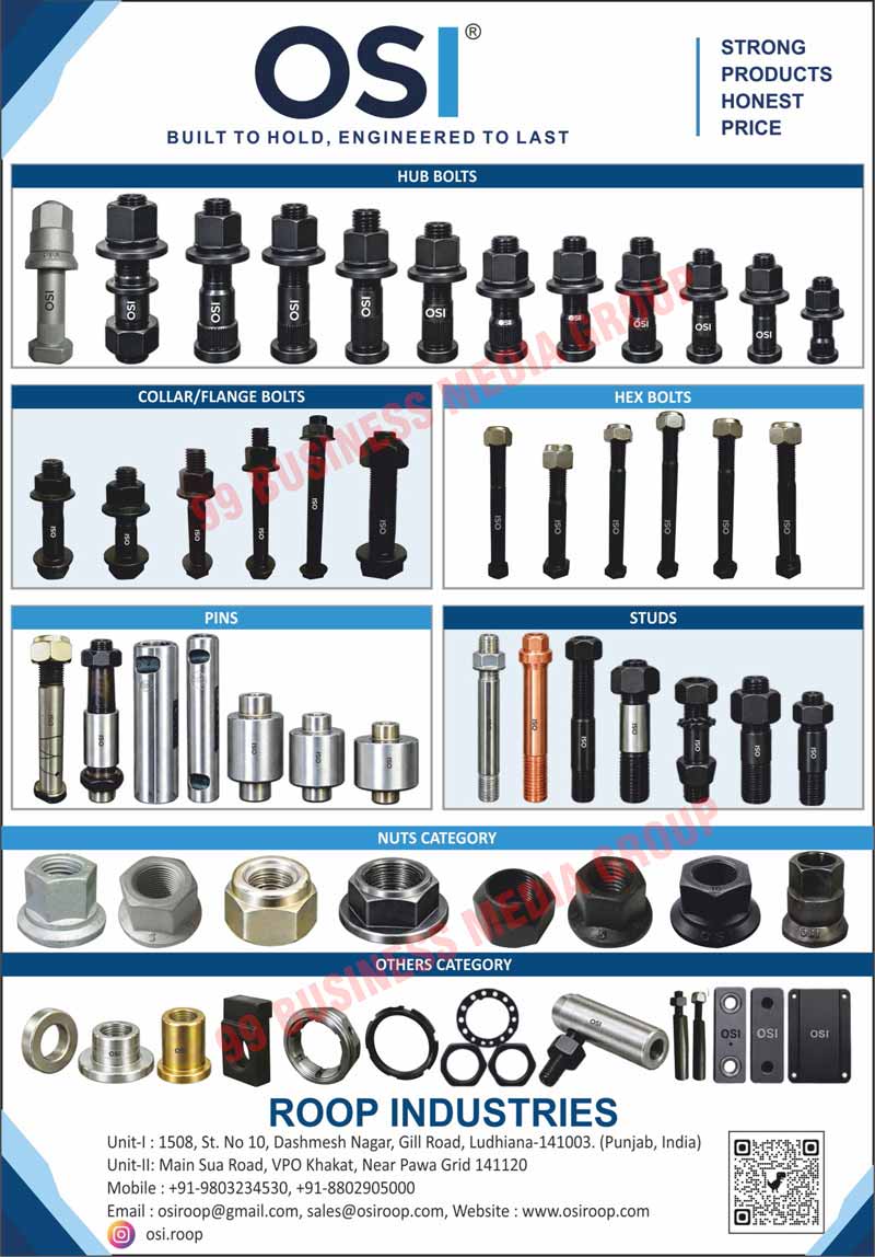 Hub Bolts, Collar Bolts, Flange Bolts, Hex Bolts, Industrial Pins, Industrial Studs, Industrial Nuts, Industrial Fasteners, Industrial Bolts