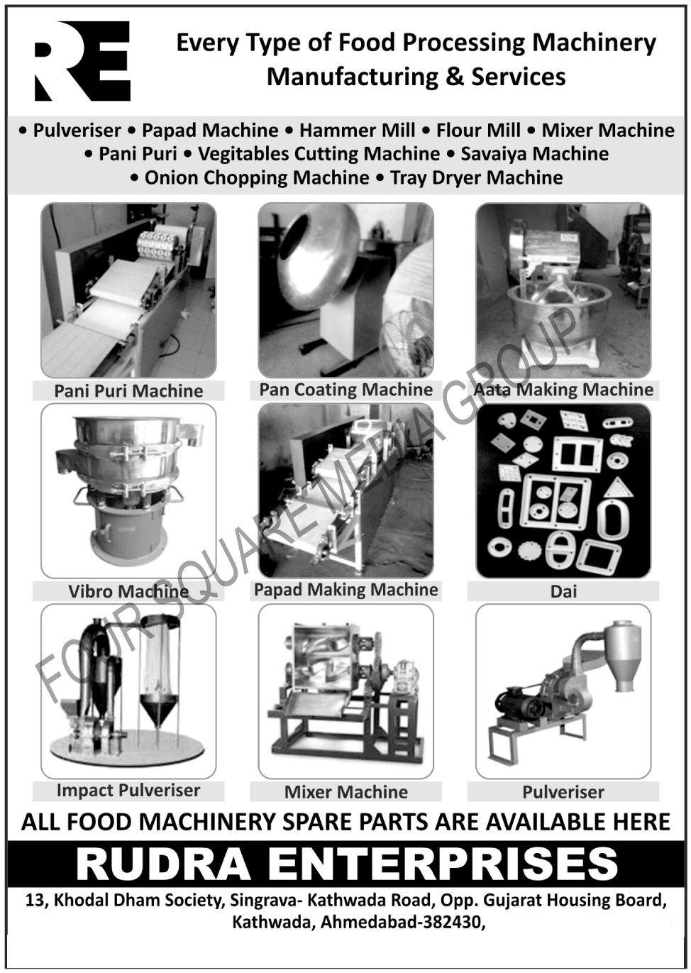 Conveyor Belts, PU Belts, PVC Belts, Food Processing Machine Repairing, Food Processing Machine Service, Food Pulveriser, Papad Machines, Hammer Mill, Flour Mill, Mixer Machine, Pani Puri Machines, Vegetable Cutting Machines, Savaiya Machines, Onion Chopping Machines, Tray Dryer Machines, Pulveriser, Food Processing Machines Spare Parts, Food Processing Machines, Pan Coating Machines, Atta Making Machines, Vibro Machines, Papad Making Machines, Impact Pulverizers, Dai